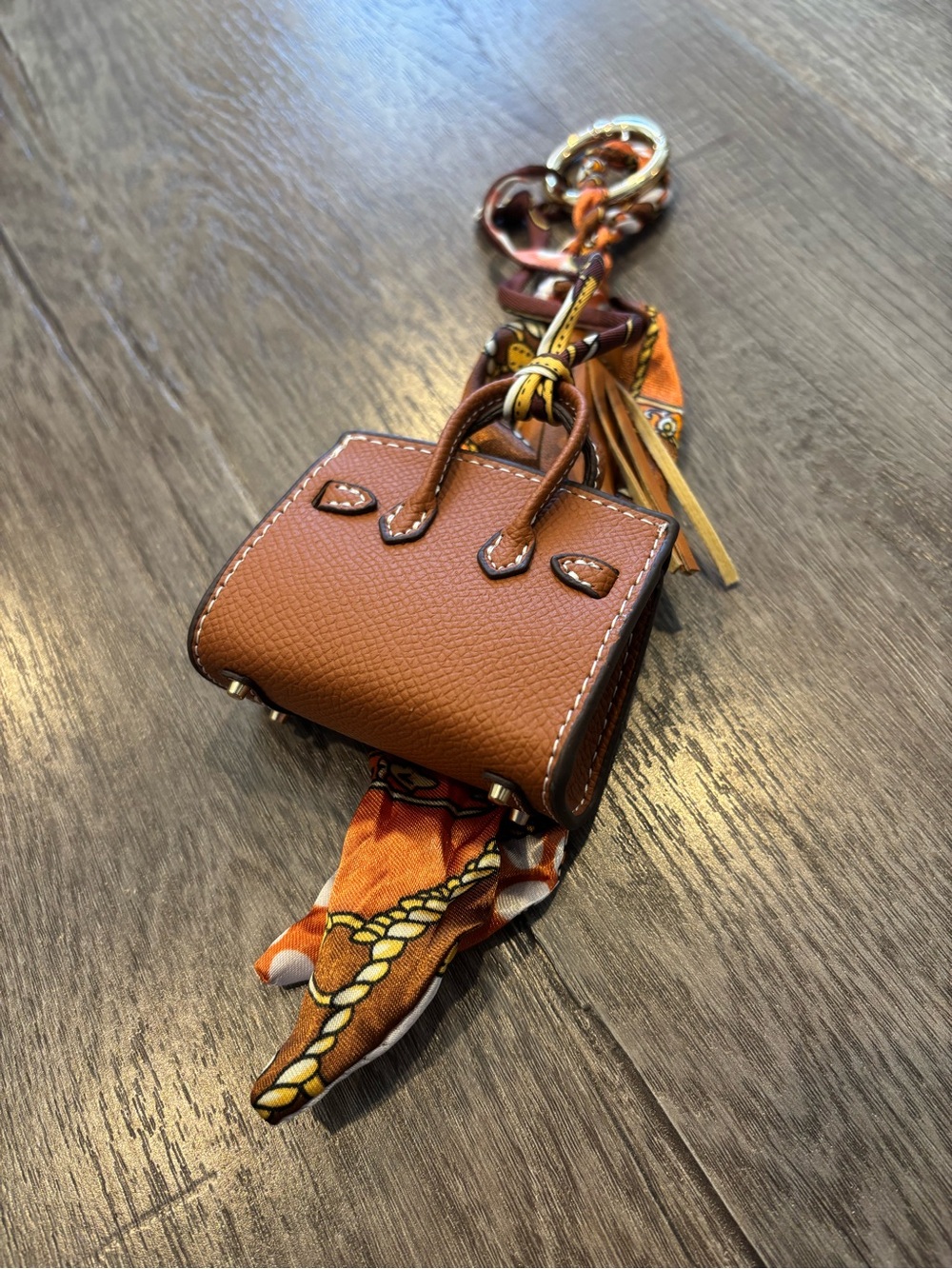 Mini Top Handle Handbag Charm Keychain with Scarf & Tassel – Brown - Picture 4 of 6